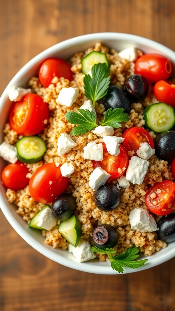 Mediterranean Quinoa Pasta Salad Recipe A colorful Mediterranean quinoa pasta salad with tomatoes, cucumbers, olives, and feta on a rustic wooden table.